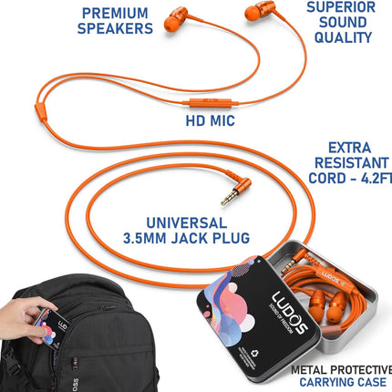 Wired In-Ear Earbuds with Microphone 3.5mm Jack 5-Year Warranty Orange