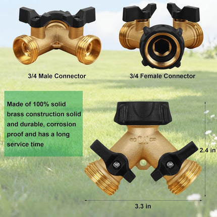 2-Way Garden Hose Splitter – Heavy Duty Brass Tap Connector with 2 Valves