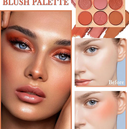 6-Color Blush Palette, High-Pigment Matte Powder Blush & Contour with Brush