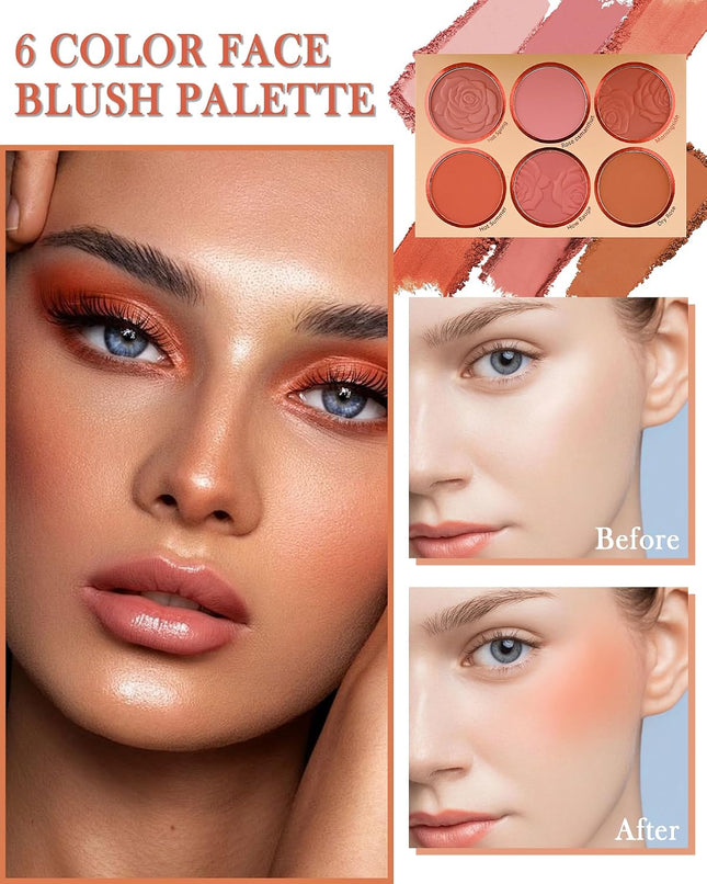 6-Color Blush Palette, High-Pigment Matte Powder Blush & Contour with Brush