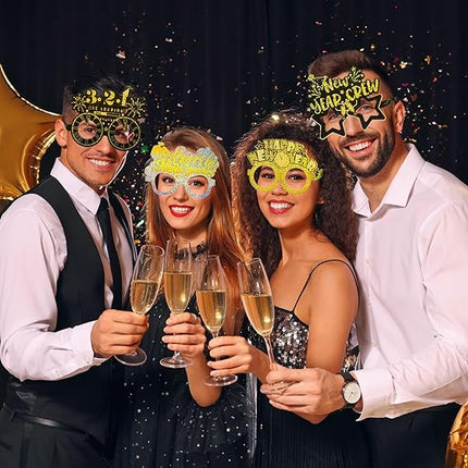 24 Pack Happy New Year 2026 Eyeglasses Glitter NYE Party Photo Props