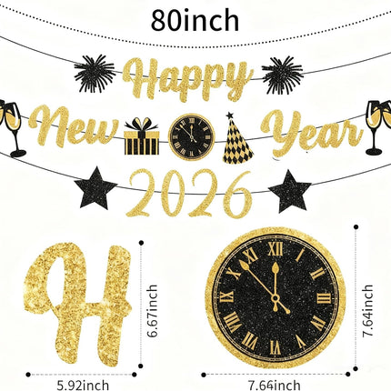 Happy New Year 2026 Glitter Banner – Gold & Black NYE Party Decor
