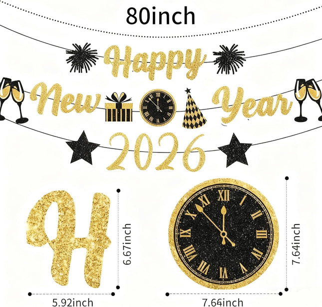 Happy New Year 2026 Glitter Banner – Gold & Black NYE Party Decor