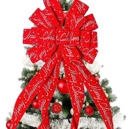 Christmas Tree Topper Bow – 52" x 13" Wreath Decoration with Letter Patterned Ribbon