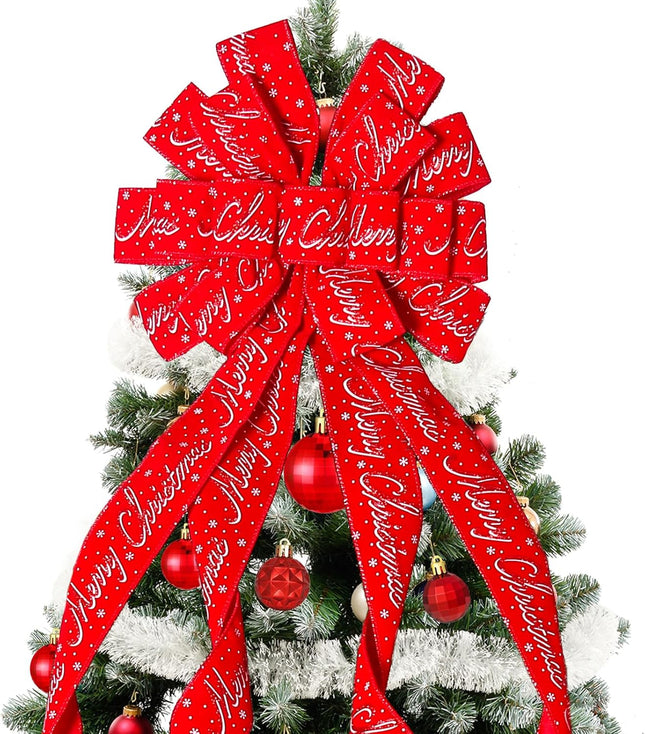 Christmas Tree Topper Bow – 52" x 13" Wreath Decoration with Letter Patterned Ribbon