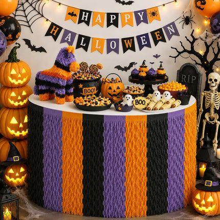2-Pack Halloween Foil Table Skirts, Orange Purple Black Wavy Party Table Decor