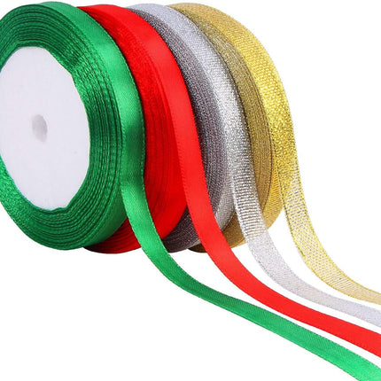 4 Rolls Christmas Ribbons – 100 Yards Metallic Glitter Satin Ribbons 10mm
