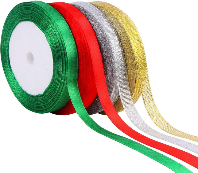 4 Rolls Christmas Ribbons – 100 Yards Metallic Glitter Satin Ribbons 10mm