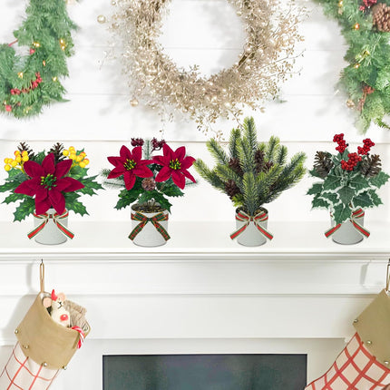 Small Fake Christmas Potted Plants – 4-Piece Indoor Tabletop Winter Decor Set