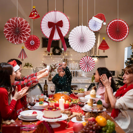 Christmas Hanging Paper Fans – Santa Hat with Gold Star Accents