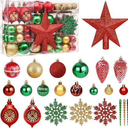 100PCS Gold, Red & Green Christmas Balls with Tree Topper – Shatterproof