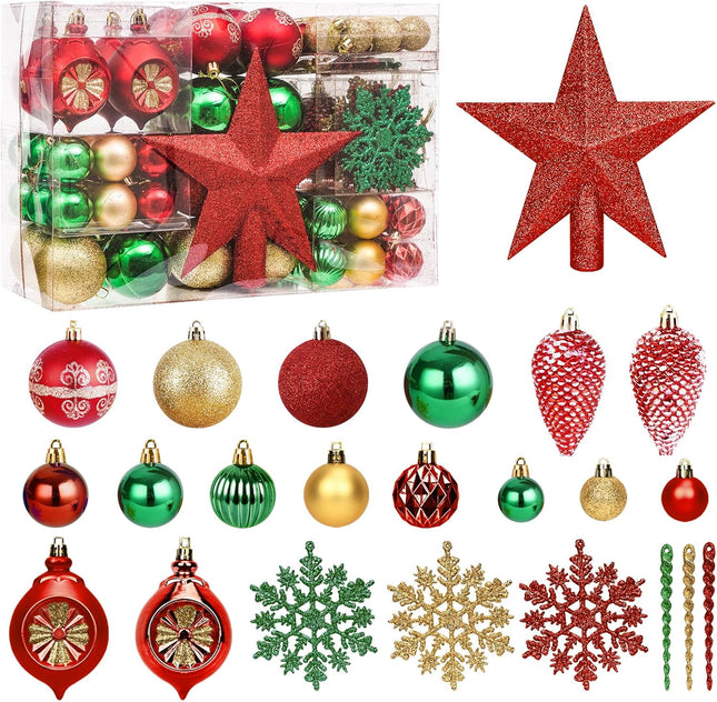 100PCS Gold, Red & Green Christmas Balls with Tree Topper – Shatterproof