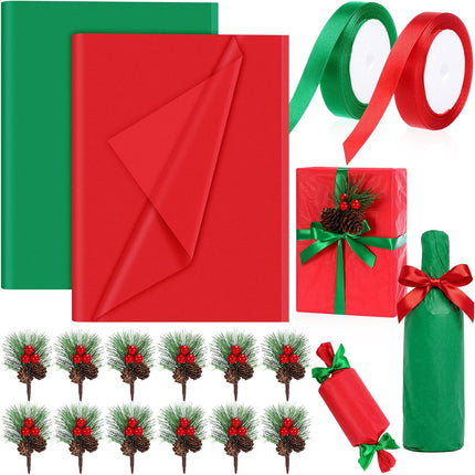 74PCS Holiday Wrapping Paper Set Red Green Tissue Rolls Ribbon Pine Decorations