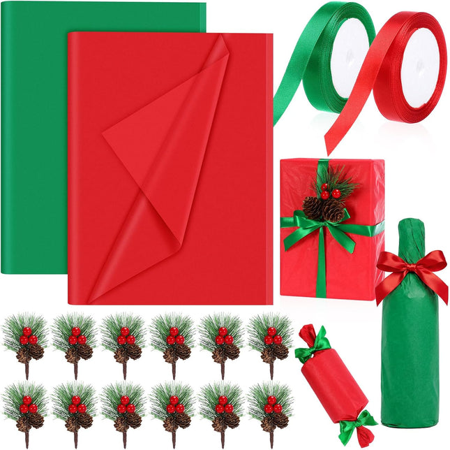 74PCS Holiday Wrapping Paper Set Red Green Tissue Rolls Ribbon Pine Decorations