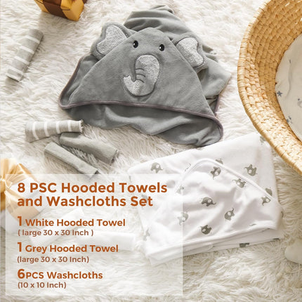Cute Elephant Hooded Baby Towel Set – 2 Towels & 6 Washcloths, Soft & Cozy