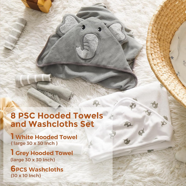 Cute Elephant Hooded Baby Towel Set – 2 Towels & 6 Washcloths, Soft & Cozy