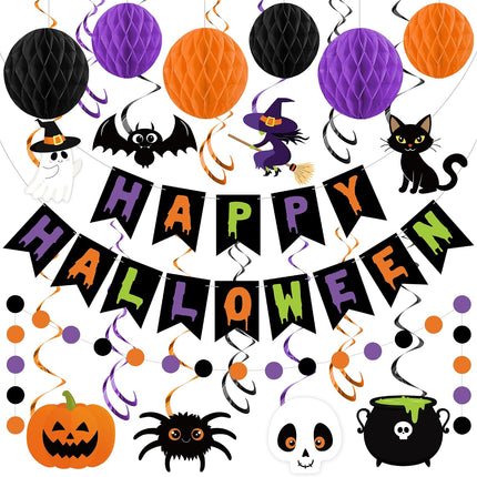 Happy Halloween Banner Garland Set with Honeycomb Balls & Hanging Swirls, Party Decor