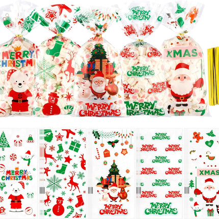 100PCS Christmas Cellophane Treat Bags – Clear Candy Bags with Twist Ties