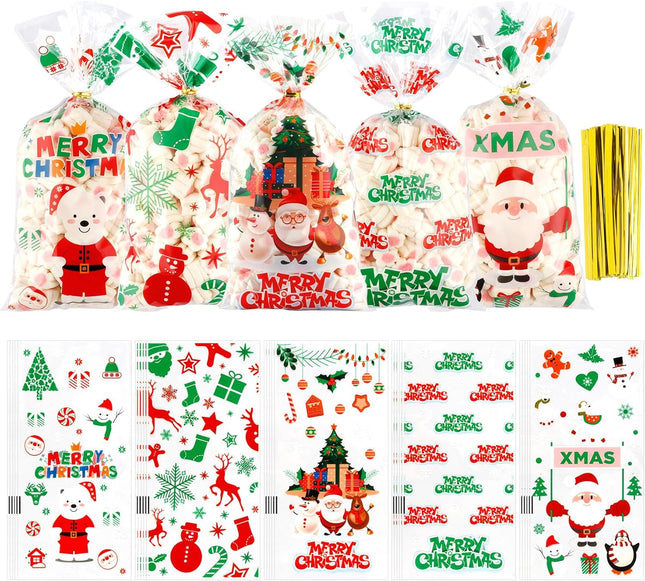 100PCS Christmas Cellophane Treat Bags – Clear Candy Bags with Twist Ties