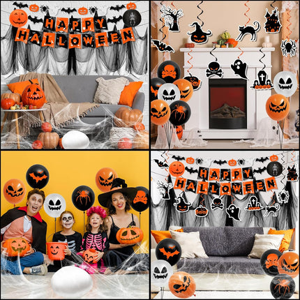 Halloween Party Decor Set, Orange & Black Hanging Swirls, Ghost Bat Banner & Balloons