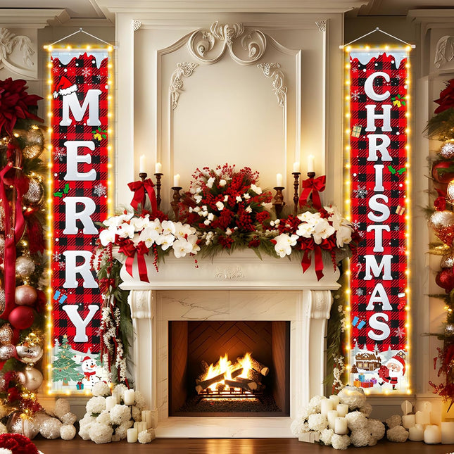 Christmas Porch Banner with String Lights – Outdoor/Indoor Welcome Sign Decoration