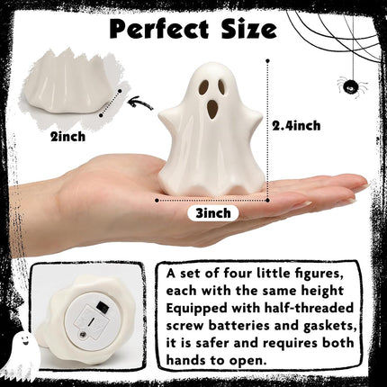 4-Piece Ceramic Ghost Lights, LED Halloween Figurines with Timer for Tabletop Decor