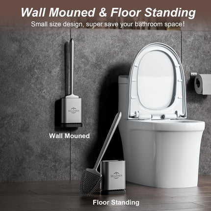 Toilet Brush & Holder Set – Silicone Bristles, Compact Ventilated Base, Silver