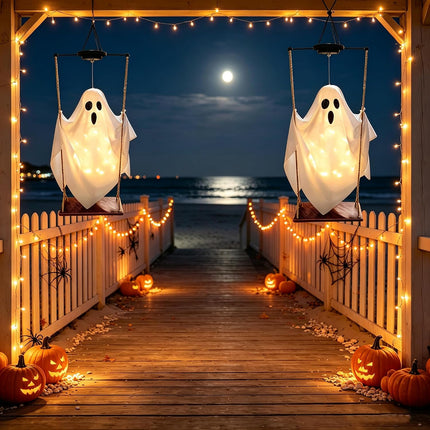 2-Pack Solar Hanging Swing Ghost Halloween Decor with String Lights for Yard & Porch