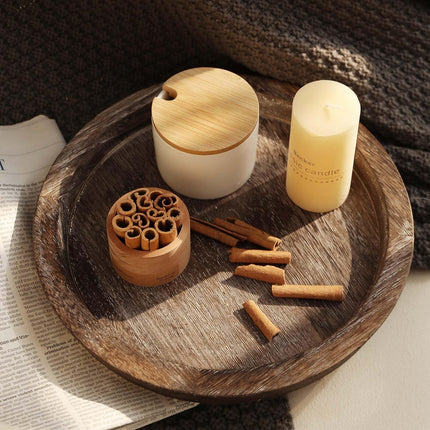 Round Wooden Candle Plate Tray – Rustic Farmhouse Table Decor
