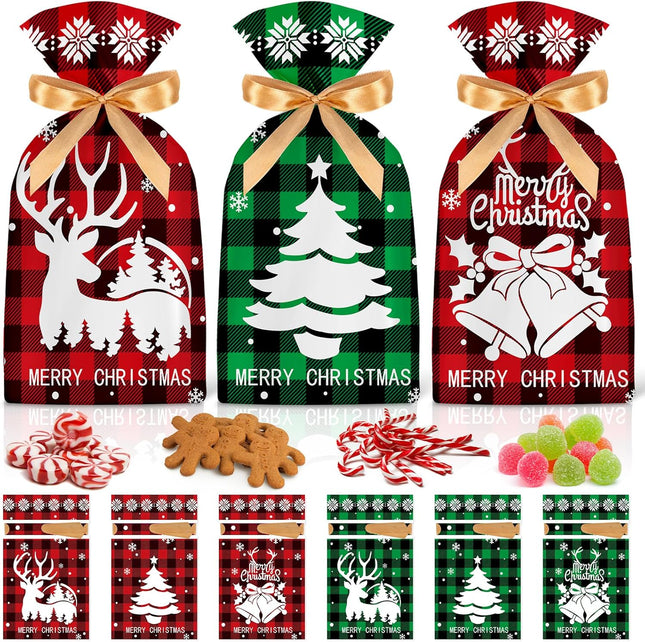 30pcs Christmas Treat Bags – Red & Green Plaid Drawstring Gift Bags