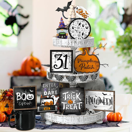 14-Piece Halloween Tiered Tray Decor, Ghost Pumpkin Wood Signs, Rustic Farmhouse