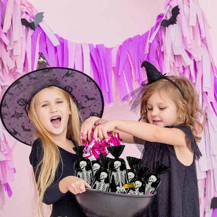 150PCS Halloween Cellophane Gift Bags with 200 Twist Ties, Skeleton Candy Treat Bags