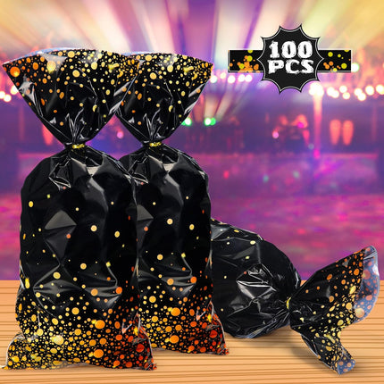 100-Piece Black & Gold Goody Bags – 10.8×5in Party Favor Bags with Ties