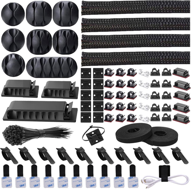 192 PCS Cable Management Kit with Sleeves, Clips, Ties & Straps for Desk & TV