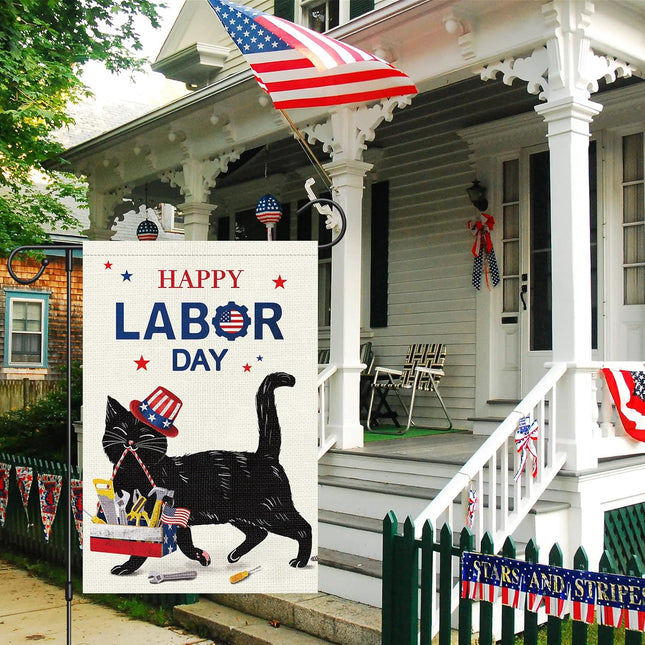 Happy Labor Day Black Cat Garden Flag 12x18 Double Sided Burlap Flag Only