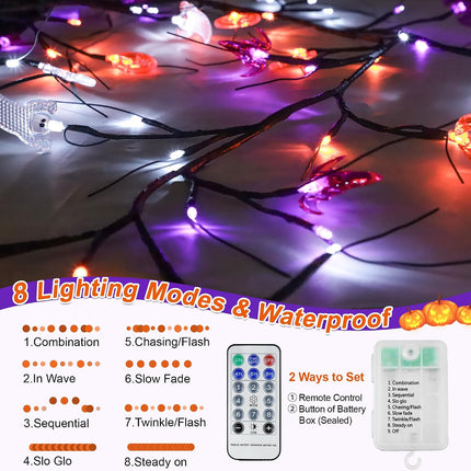 6FT Halloween Willow Vine Garland with Pumpkin Bat Ghost Lights, 8 Modes, Waterproof
