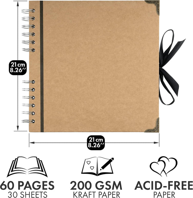 8x8 Inch Kraft Scrapbook Photo Album, 60 Pages, 200 GSM Paper, Ribbon Closure