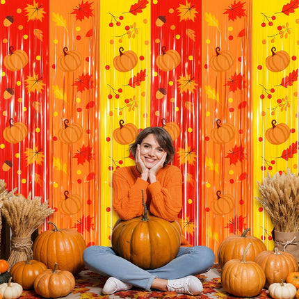 2-Pack Thanksgiving Fringe Curtains Red Orange Yellow Tinsel Party Backdrop Décor