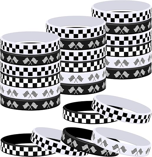48PCS Racing Silicone Bracelets – Black & White Checkered Flag Wristbands for Sports & Parties