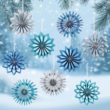 9pcs Blue Christmas Ornaments – 3D White Paper Snowflake Hanging Decor