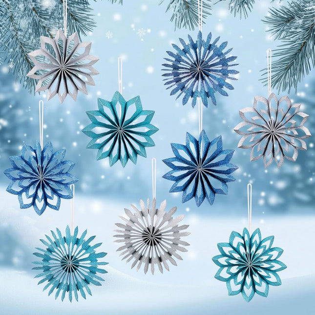 9pcs Blue Christmas Ornaments – 3D White Paper Snowflake Hanging Decor