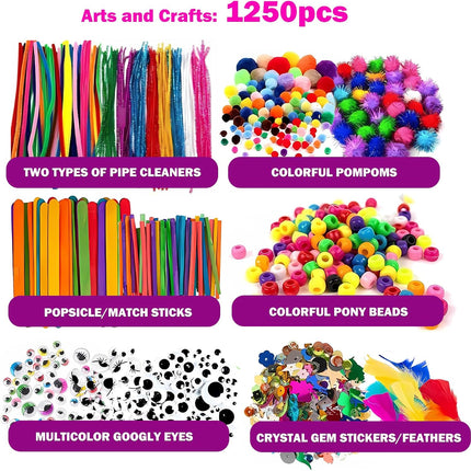 Arts & Crafts Supplies 1200pcs – Pipe Cleaners, Pom Poms & Googly Eyes Kit