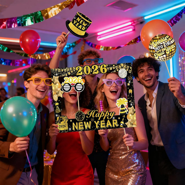 24-Pc 2026 NYE Photo Booth Props – Black & Gold Selfie Frame Set