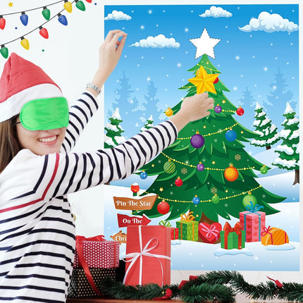 Pin the Star on the Christmas Tree – Xmas Party Game with Big Poster for Family Fun