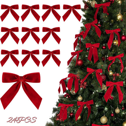 24pcs Red Velvet Christmas Bows – 7x6 inch Medium Burgundy Ribbon Ornaments