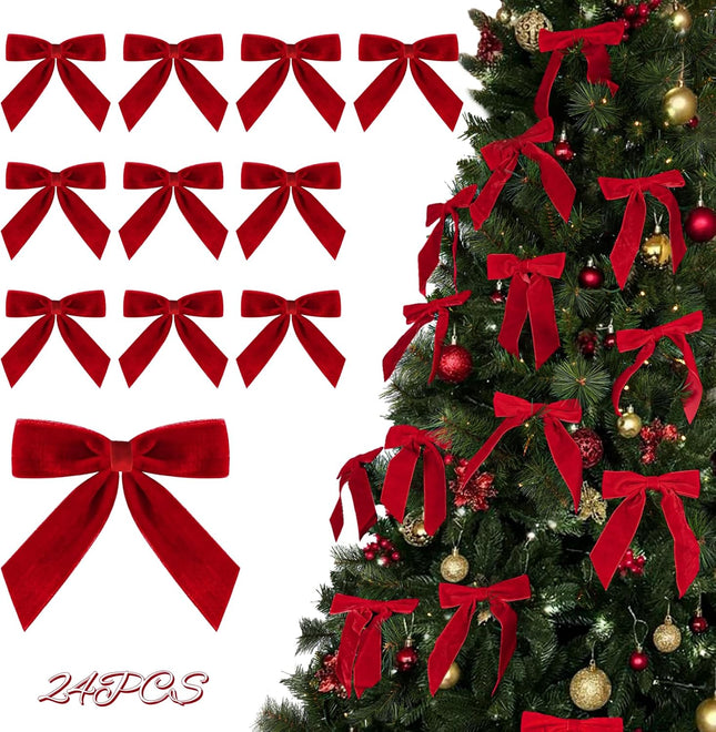 24pcs Red Velvet Christmas Bows – 7x6 inch Medium Burgundy Ribbon Ornaments