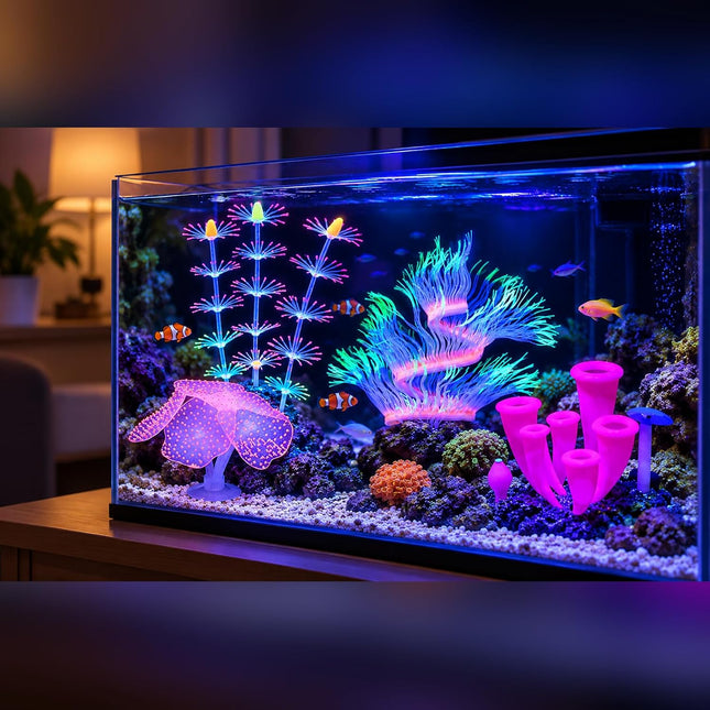 4 Pcs Glowing Silicone Aquarium Decorations Coral Reef Plants with Suction Cup Bases