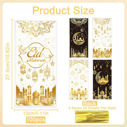 100PCS Eid Mubarak Treat Bags Black Gold Castle Moon Star with Twist Ties