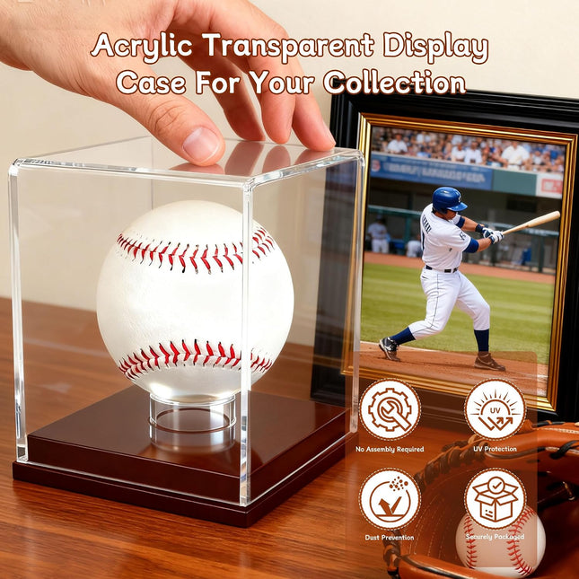 Clear Acrylic Baseball Display Case with Wooden Base, 99% UV Protection for Collectibles