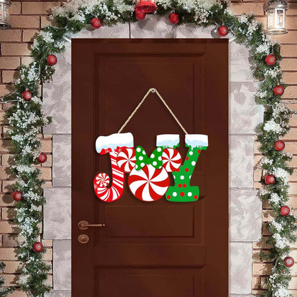 Christmas Joy Door Sign – Wood Candy Mouse Wreath for Front Door Decor